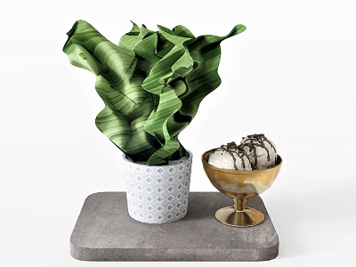 Chocolate Drizzled Dessert Scoops in Golden Bowl on Gray Stone Base with Green Leafy Plant 3d model
