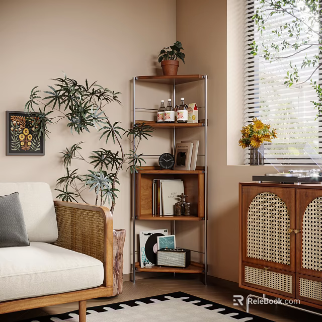 Modern Shelving Unit in Living Room with Books Bottles Decorative Items and Vinyl Records 3d model 