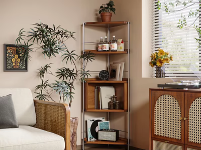Modern Shelving Unit in Living Room with Books Bottles Decorative Items and Vinyl Records 3d model