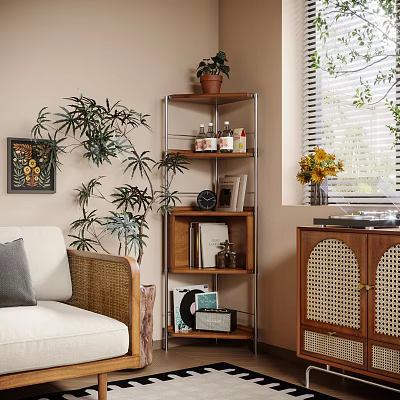 Modern Shelving Unit in Living Room with Books Bottles Decorative Items and Vinyl Records 3d model