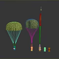 Small Blue Characters Interacting With Green Plant Like Creatures And Parachute Structures