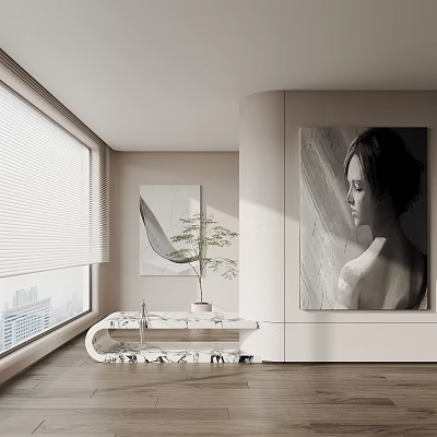 Modern Room Interior With Wall Mounted Portrait Painting Large Window Blinds And Plant Table 3d model