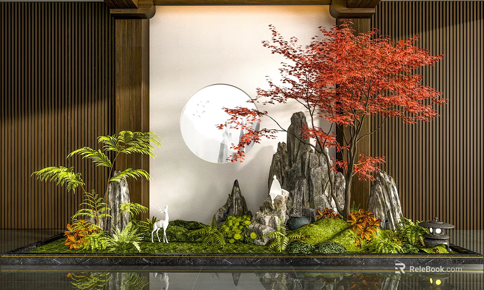 Chinese Style Indoor Landscape With Rockery Red Maple Tree Moon Decoration And Deer Statue 3d model 