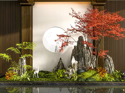 Chinese Style Indoor Landscape With Rockery Red Maple Tree Moon Decoration And Deer Statue 3d model