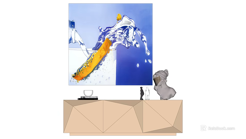 Orange Object Splashing Water in Blue Background Painting on Geometric Cabinet with Koala Figurine 3d model 