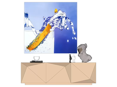 Orange Object Splashing Water in Blue Background Painting on Geometric Cabinet with Koala Figurine 3d model