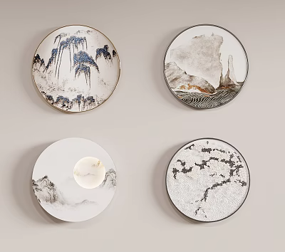 Elegant Traditional Chinese Circular Framed Paintings With Landscape Mountain Water Tree Stone Wall Decor 3d model