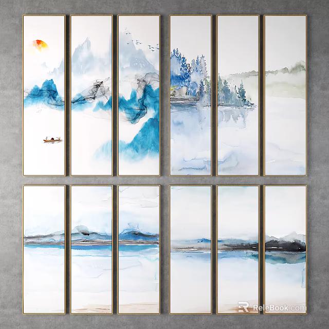 Blue And White Multi Panel Landscape Painting With Mountains Water Small Boat Trees And Sunset 3d model 