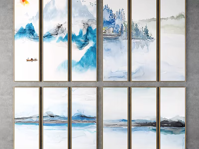 Blue And White Multi Panel Landscape Painting With Mountains Water Small Boat Trees And Sunset 3d model