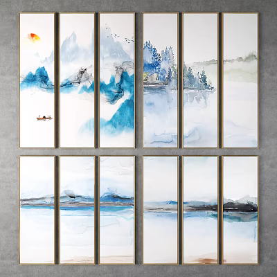 Blue And White Multi Panel Landscape Painting With Mountains Water Small Boat Trees And Sunset 3d model