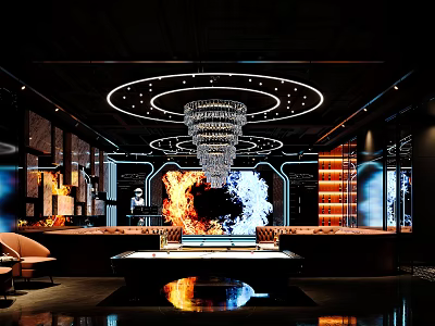 Modern Luxurious Bar Interior With Crystal Chandelier Circular Light Rings And Fire Light Effects 3d model