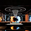 Modern Luxurious Bar Interior With Crystal Chandelier Circular Light Rings And Fire Light Effects