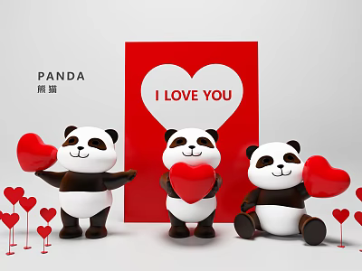 Cute Panda Photo Spot With Red Hearts And I LOVE YOU Sign 3d model