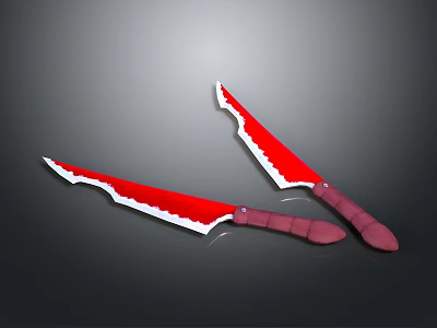 Pair of Red Serrated Bladed Knives With Sharp Edges And Red Handles 3d model