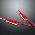 Pair of Red Serrated Bladed Knives With Sharp Edges And Red Handles