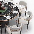 Luxury Round Dining Table Set with Six Light Colored Chairs Marble Top and Decorative Vase