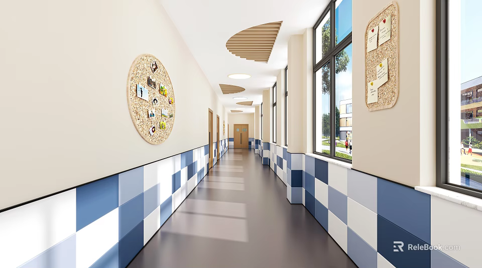 Modern Elevator Corridor With Checkered Walls And Corkboards 3d model