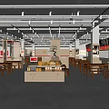 Modern Restaurant Interior With Open Layout Wooden Tables Chairs Counter And Pendant Lights