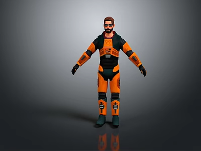 Game Movie Character In Orange Black Combat Suit With Mechanical Details And Standing Pose 3d model