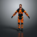 Game Movie Character In Orange Black Combat Suit With Mechanical Details And Standing Pose