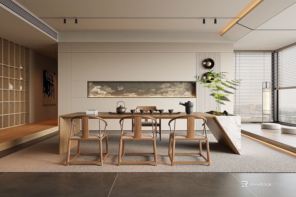 Modern Tea Room Interior Design With Wooden Table Chairs Decorative Painting And Green Plant 3d model 