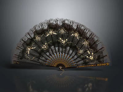 Exquisite Fan Shaped Pendant With Delicate Lace And Gold Floral Patterns 3d model