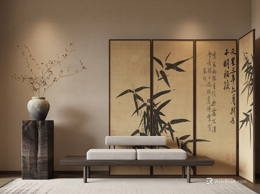 Traditional Elegant Screen With Bamboo Pattern And Calligraphy In Serene Interior 3d model 