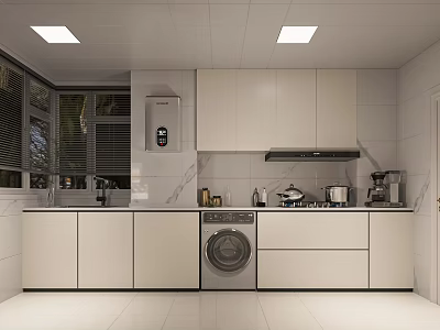 Modern Bright Kitchen With Full Functional Appliances Embedded Washing Machine And Spacious Storage Cabinets 3d model