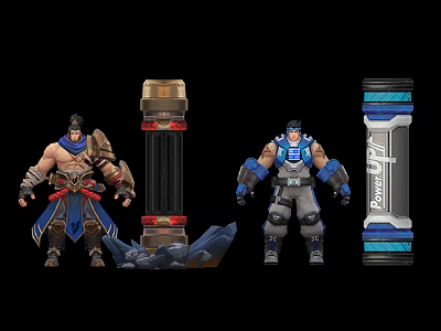 Muscular Traditional Warrior and Futuristic Cyborg with Ancient Broken Pillar and Power Core Object 3d model