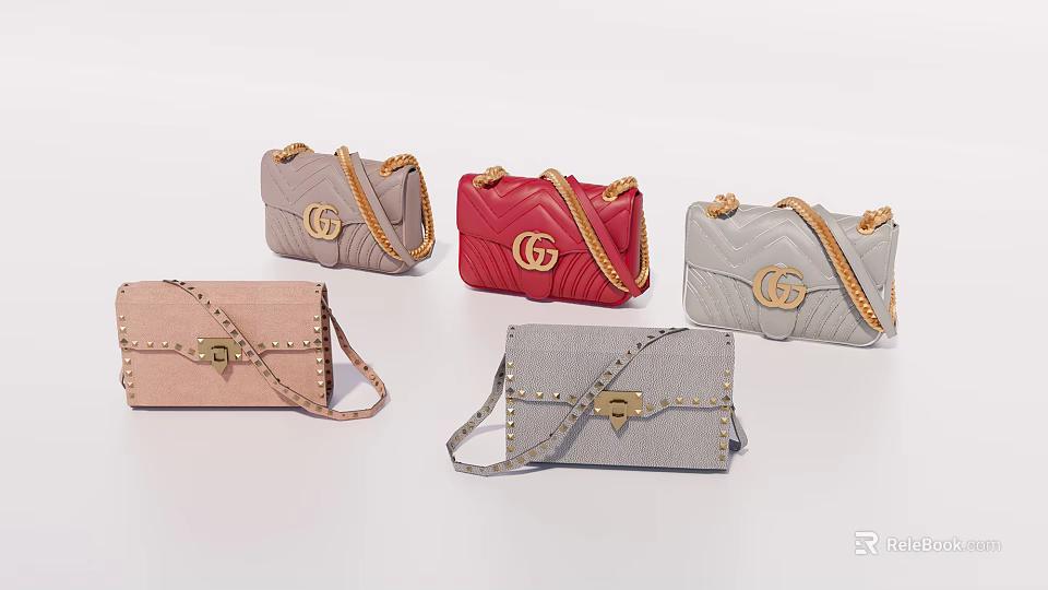 Quilted Fashion Handbags With Chain Straps Gold Hardware And Red Beige Gray Pink Color Options 3d model 