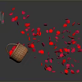 Red And Pink Flower Petals Scattered With Blue Leaves Near Decorative Basket Holding Red Blooms