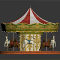 Children Riding Colorful Carousel With Red White Striped Canopy And Golden Decorations