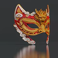 Traditional Chinese Dragon Mask With Red Gold Flame And Cloud Patterns