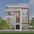 Modern Detached Villa Exterior With Large Windows Balcony Greenery Lawn And Outdoor Seating