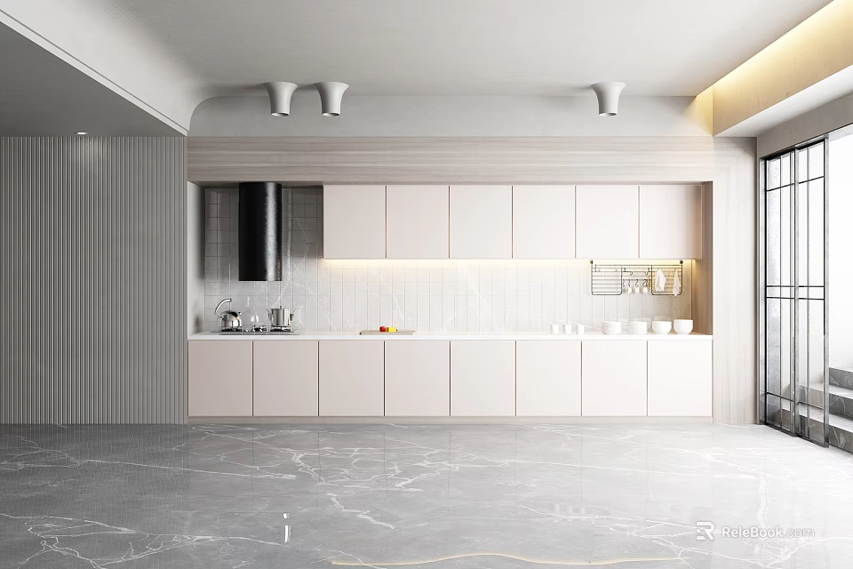 Modern Kitchen Interior Design With White Cabinets Marble Countertops And Open Layout 3d model