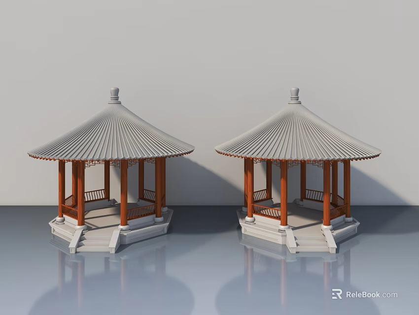 Two Chinese Style Pavilions With Wooden Structure And Tiled Roof On Stone Base 3d model 