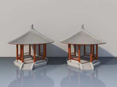Two Chinese Style Pavilions With Wooden Structure And Tiled Roof On Stone Base 3d model