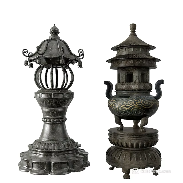 Traditional Pagoda Style Metal Ornamental Decor Set with Intricate Carvings and Layered Design 3d model 
