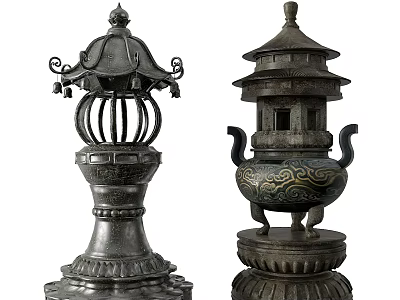 Traditional Pagoda Style Metal Ornamental Decor Set with Intricate Carvings and Layered Design 3d model