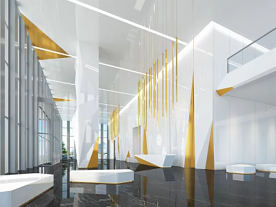 Modern Front Reception Desk in Bright Lobby with White Gold Accents and Geometric Design Elements 3d model