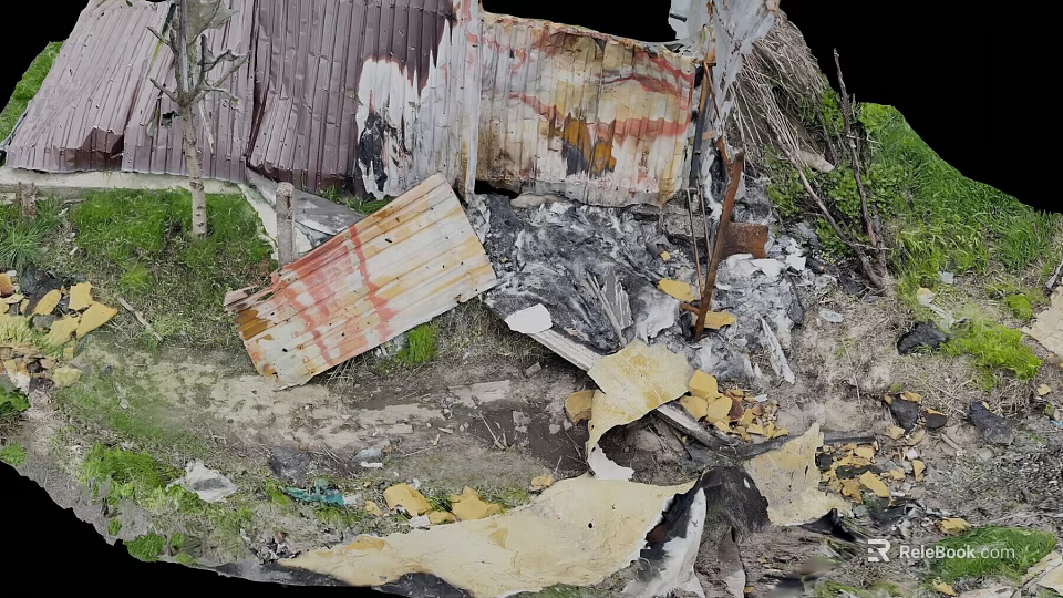 Broken Old Weathered Wooden Planks And Metal Sheets In Ash Debris With Overgrown Grass 3d model 