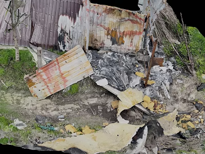 Broken Old Weathered Wooden Planks And Metal Sheets In Ash Debris With Overgrown Grass 3d model