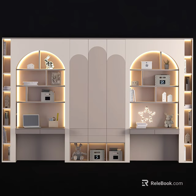 Modern Built in Desk with Bookshelves Laptop Lighting and Decorative Storage 3d model 