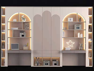 Modern Built in Desk with Bookshelves Laptop Lighting and Decorative Storage 3d model