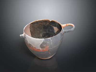 Ancient Hand Carved Ceramic Vessel With Two Handles Red Stripes And Broken Edges 3d model