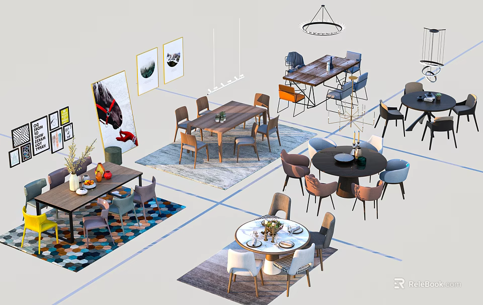 Modern Dining Table Sets Featuring Round Rectangular Tables Wooden Chairs And Decorative Rugs Chandeliers 3d model