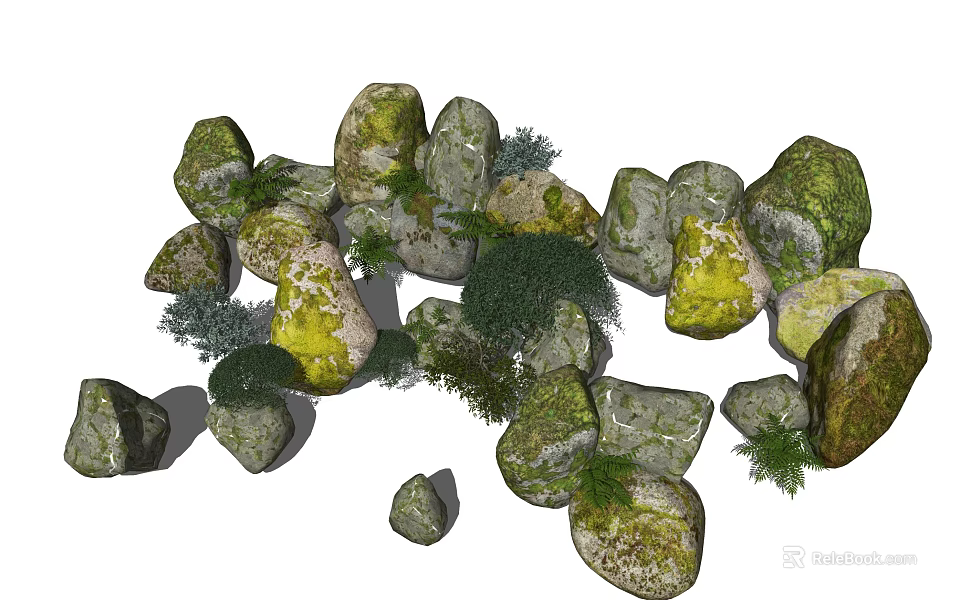 Natural Stone And Wood Decorative Elements With Green Moss And Small Plants 3d model 