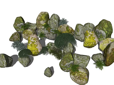 Natural Stone And Wood Decorative Elements With Green Moss And Small Plants 3d model