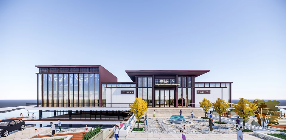 Modern Traditional Sales Office Building With Glass Curtain Walls Sloped Roof And Landscaped Square 3d model 