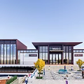 Modern Traditional Sales Office Building With Glass Curtain Walls Sloped Roof And Landscaped Square